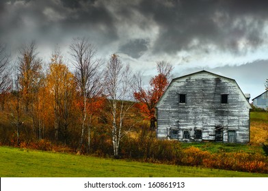 Haunted And Creepy Old Barn, Autumn Background                                