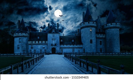 Haunted Gothic castle at night. Old spooky house in full moon. Creepy view of dark mystery castle with bats. Scary gloomy scene for Halloween theme. Horror and terror concept.