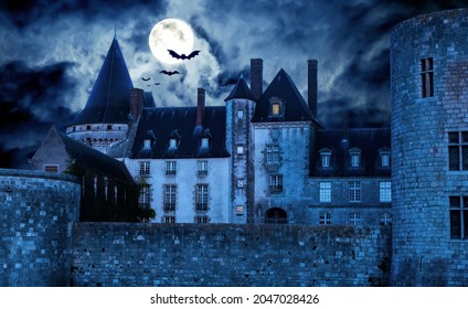 Haunted Gothic Castle At Night, Old Spooky House In Full Moon. Dark Creepy Mystic Castle With Bats, Scary Gloomy Mansion On Halloween In Dramatic Blue Light. Mystery, Horror, Dusk And Terror Concept.