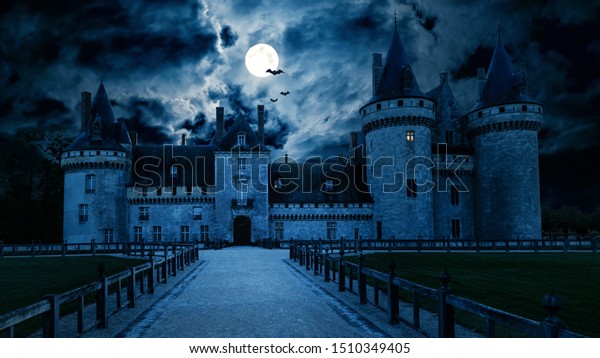 夜に化け物のゴシック城 古い不気味な家が満月の中にある コウモリを持つ暗い謎の城の気味の悪い景色 ハロウィーンの テーマにとって恐ろしい暗いシーン 恐怖と恐怖のコンセプト の写真素材 今すぐ編集
