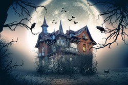 Haunted House With Dark Horror Atmosphere. Haunted Scene House.