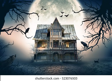 Haunted House with Full Moon in the Background. Haunted House Scene.