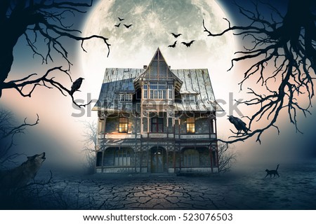 Haunted House with Full Moon in the Background. Haunted House Scene. Сток-фото © 