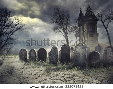 Haunted house on spooky graveyard. Halloween scary party design with tombstones and old castle on creepy cemetery at night.