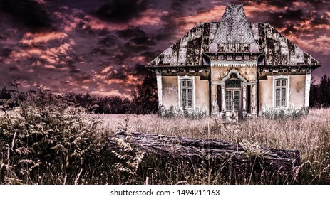 Haunted Old House In A Dramatic Horror Atmosphere With Fire Sky. Creepy Sunset Over The Ancient Frightful Mansion In A Halloween Scene. Ghost Tour Destination.