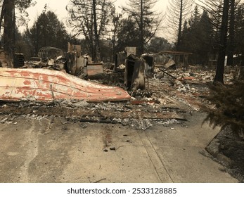 A haunting landscape of devastation after a wildfire, with charred remains of a vehicle, home, and personal belongings under a smoke-hazed sky.