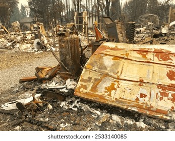 A haunting landscape of devastation after a wildfire, with charred remains of a vehicle, home, and personal belongings under a smoke-hazed sky.