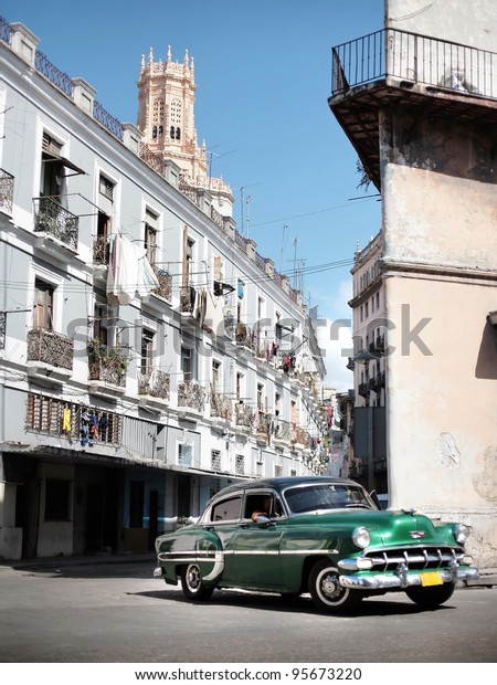 HAVANA - 27 MARCH: Vintage car in Cuba, Havana,\
March 27, 2007. October 2011, Cuban people finally got the right to\
trade on buying and selling cars. Ban on trade with cars was\
introduced in 1959.