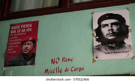 HAVANA CITY, CUBA - NOVEMBER 2016: Propaganda Posters Of Che Guevara And Hugo Chávez Hanged On The Wall Inside A Shop In Old Havana Area, Cuba. 