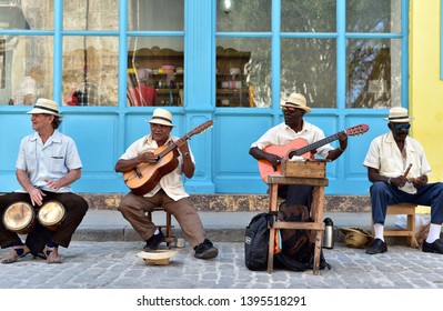 HAVANA - CUBA / 02.27.2017: Traditional Music Band play Cuban rhythms on the streets of Havana, Cuba