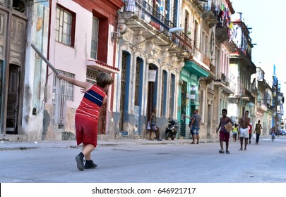 HAVANA - CUBA / 26.02.2017: Cuban Boys Play Baseball At Old Havana