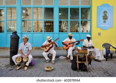 HAVANA, CUBA -3 FEB 2017- Older Musicians With Hats Playing Traditional Cuban Music In Havana, The Capital Of Cuba.