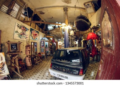 Havana, Cuba - 3.25.2017: Interior Of A Small Art Gallery/gift Shop With Old Suzuki Car Inside.