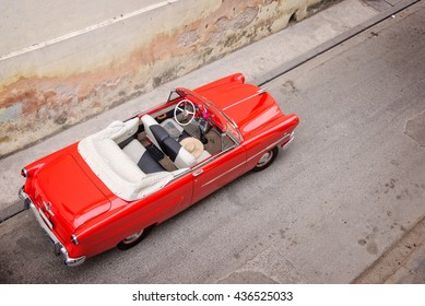 HAVANA, CUBA - APRIL 17: Vintage Classic American Car, View From Above, On April 17 2016, In Havana, Cuba