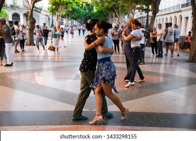 Havana, Havana / Cuba – April 21st 2019: Dancing Couple On  Paseo Del Prado.