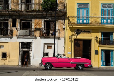 Havana, Cuba - August 27, 2018: A Classic Car Is Driving On Carlos Manuel Céspedes Avenue In Old Havana.