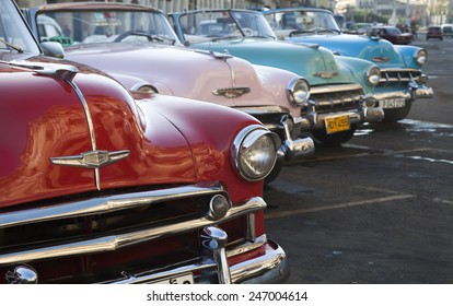 HAVANA, CUBA - CIRCA JANUARY 2014: Line up of 1950s vintage Chevrolet Convertibles circa January 2014 in Havana.