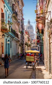 Havana, Cuba, El Capitolio Seen From A Narrow Street