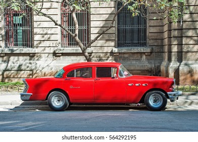 HAVANA, CUBA- JAN 20, 2017: Lateral View Of Old American Car Par