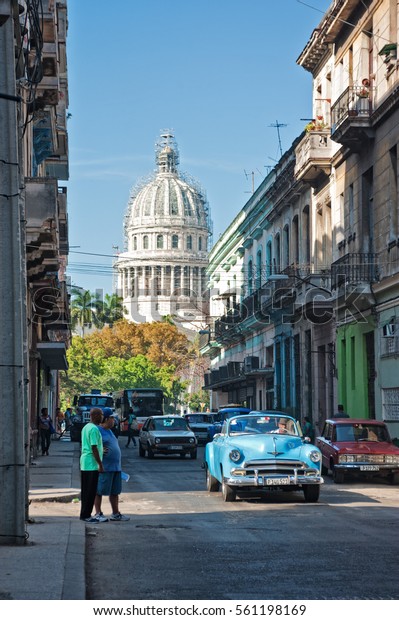 HAVANA, CUBA- JAN 20, 2017: Typical Havana city view\
with cuban 