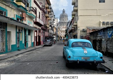Havana, CUBA - JANUARY 12, 2016:Old classic American car on street of Havana,CUBA. Historic capitol. Editorial photo.