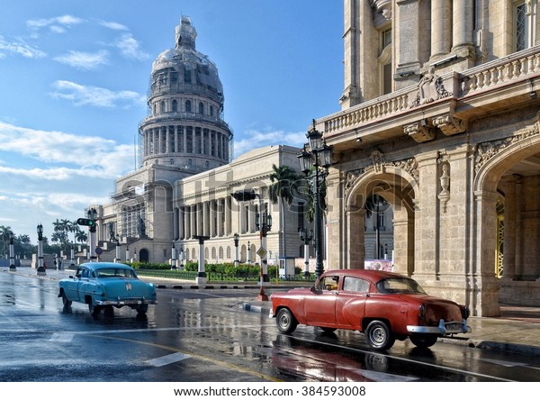 Havana, CUBA -\
JANUARY 14, 2016: Havana old classic American car on street,\
capitol. CUBA. Editorial  photo.\
\
