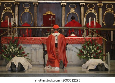 Havana, Cuba; Jun 05, 2021: Ordination Of A Catholic Priest During A The Celebration Of A Mass. The Rite Of Ordination Occurs Within The Context Of Holy Mass. 