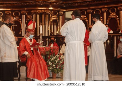 Havana, Cuba; Jun 05, 2021: Ordination Of A Catholic Priest During A The Celebration Of A Mass. The Rite Of Ordination Occurs Within The Context Of Holy Mass. 