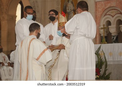 Havana, Cuba; Jun 05, 2021: Ordination Of A Catholic Priest During A The Celebration Of A Mass. The Rite Of Ordination Occurs Within The Context Of Holy Mass. 