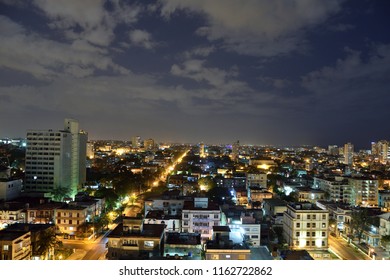 Havana Cuba At Night, Seen From A High Floor.