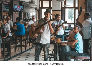 Havana, Cuba - October 18, 2019: Cuban Band Performing Live Music In The Bar Dos Hermanos , Havana, Cuba.