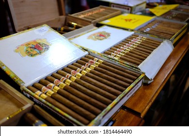 Havana, Cuba - October 2019 : Famous Cuban cigars for sell at a store in downtown Havana.