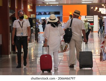 Havana, Cuba; October 29, 2021: Interior Of Terminal Three Of The Jose Marti International Airport In Havana. Restart Of Tourist Trips To Cuba In The New Normal. People Transit Inside The Airport.