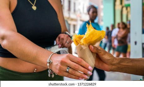 Havana Cuba. Street Food Vendor Selling Chiviricos (fried Dough). Also Known As Tostones Too.