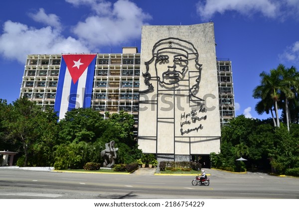 Havana Plaza\
de la Revolucion also known Cuban  Revolution Square, Havana, Cuba,\
December 2022. Cuban memorial building with Che Guevara Icon with\
motorbike, Havana, Cuba, December\
2014.