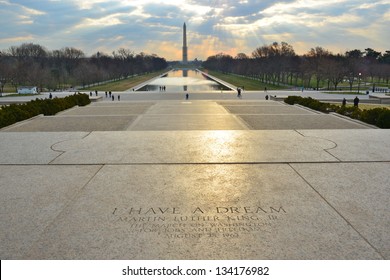 I have a Dream, Martin Luther King on Lincoln's Memorial steps with George Washington Monument on the horizon, Washington DC, United States