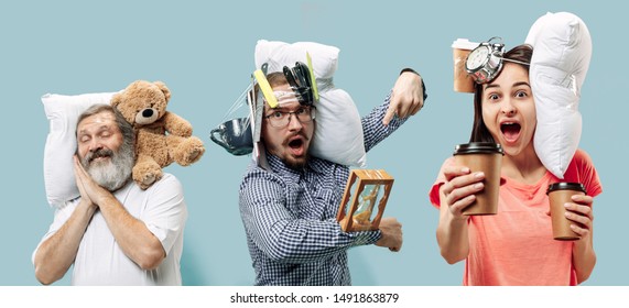 Have no time for sleep. People with coffee, pillows and clock try to wake up while hurrying up. Always late. Headache and overslept. Business, working, hurry up, deadlines. Creative collage.