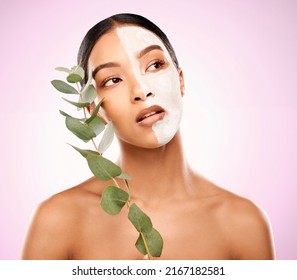 Have A Pamper Day The Organic Way. Studio Shot Of An Attractive Young Woman Holding A Plant And Having A Facial Against A Pink Background.