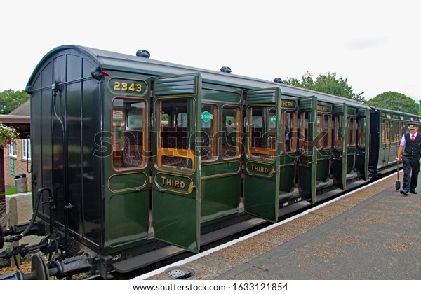 Havenstreet,Isle of Wight/UK\
9-3-19 Isle of Wight steam railway at Haven Street. A beautifully\
restored and in use third class, green Southern Railway slam door\
carriage 2343