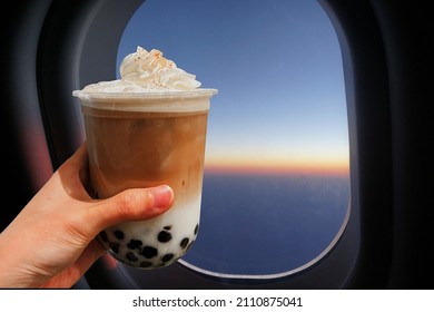 Having Boba Milk Tea On Board During Flight Airlines Concept Collage