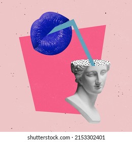 Having Fun. Contemporary Art Collage. Abstract Image With Antique Statue Bust And Pink Female Lips Isolated Over Pink Background. Party Time. Concept Of Pop Art, Creativity, Surrealism, Imagination