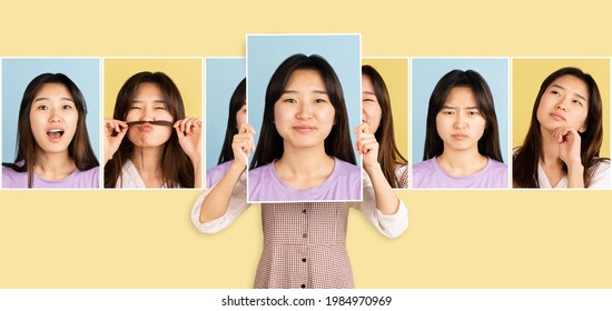 Having fun. Young Asian girl showing her portraits with different emotions isolated on yellow background. Happy, sad, calm and pleased. Concept of facial expressions, mood, funny meme emotions. - Shutterstock ID 1984970969