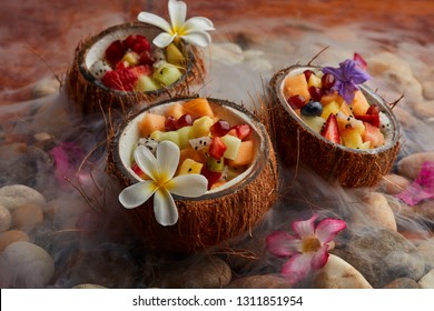 Hawaian fruit salad, coconut with fruitsalad