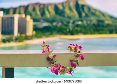 Hawaii Background Hawaiian Flower Lei With Waikiki Beach Landscape.