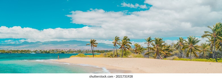 Hawaii Beach Panoramic Travel Banner Of Woman Tourist Walking On Secluded Shore In Waikoloa, Big Island, USA.