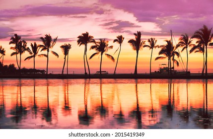 Hawaii beach sunset scenic panoramic banner background for summer vacation, romantic honeymoon travel destinations.
