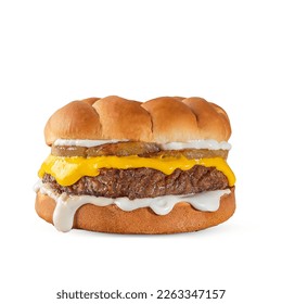 Hawaii Burger A piece of flame-grilled beef
  In addition to slices of grilled pineapple added to them
   Refreshing pineapple sauce White Background - Powered by Shutterstock