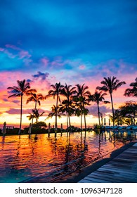 Hawaii Honolulu Pool Side Sunset And Palm Trees