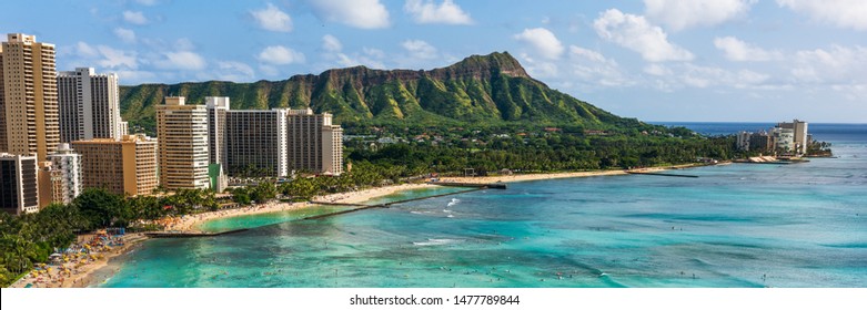 Hawaii panoramic Honolulu city travel landscape banner background of Waikiki beach and Diamond Head mountain peak at sunset, Oahu island, USA vacation.