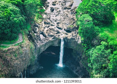 Hawaii Rainbow Falls Waterfall Near Hilo, Big Island. USA Travel. Aerial Top View From Helicopter.